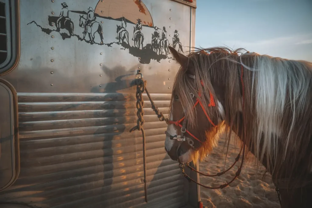 Hest med grime bundet op med kæde og reb til en ring på siden af en hestetrailer i varmt aftenlys